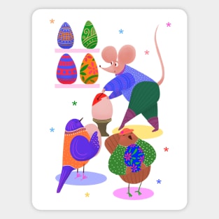 Cute mouse decorating easter eggs for cute birds, version 1 Magnet